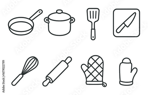 Black and grey kitchen utensil icons: frying pan, pot, spatula, knife, whisk, rolling pin, oven mitt