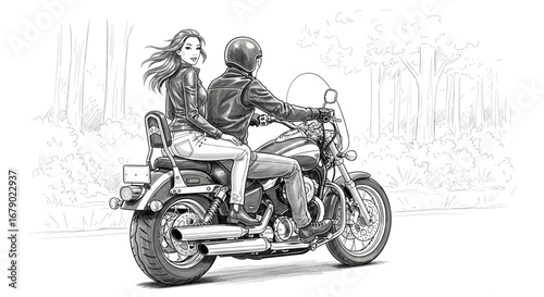 Monochromatic art depicting couple riding motorcycle through serene woodland