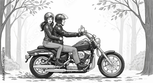 Monochromatic illustration of a couple riding a motorcycle through a forest
