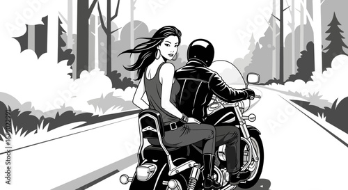 Monochromatic illustration of a couple riding a motorcycle through woodland