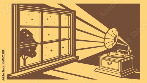 Vintage phonograph music illustration with window view of starry night and tree silhouette art