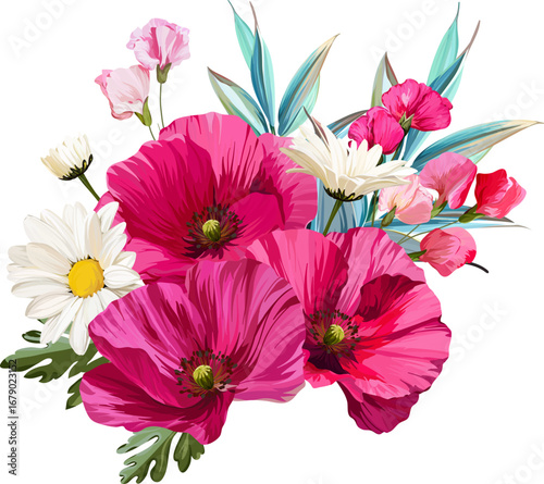 Beautiful vector bouquet of flowers. Summer and spring bright flowers. Blossom and flowers for decoration