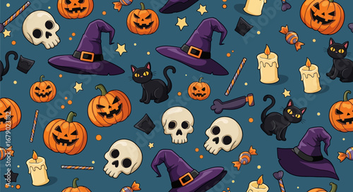 Halloween Vector Background Seamless Pattern with Pumpkins, Ghosts, and Bats