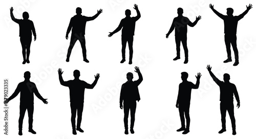 Collection of black silhouettes of men in various poses and gestures