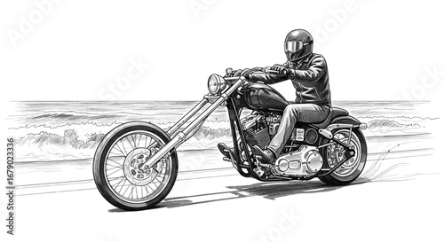 Monochrome Artwork Depicting a Motorcycle Rider Along the Beach Road