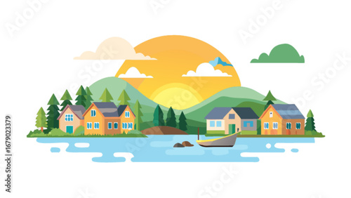 Vector illustration of lakeside houses with boat and trees landscape background for graphic design