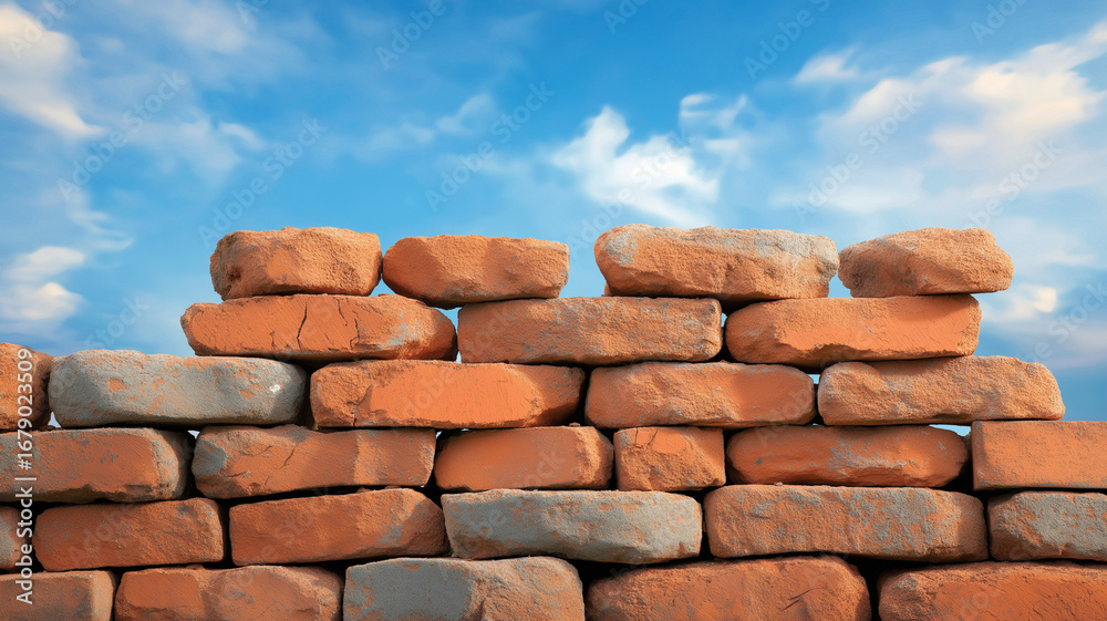 Fototapeta premium Partially built red brick wall under bright blue sky with scattered clouds, showing rough texture and uneven stacking of bricks in warm sunlight