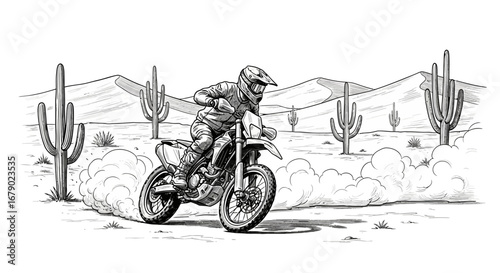 Monochrome artwork showcasing a motocross rider racing through the desert landscape