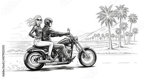 Monochrome drawing of a couple riding motorcycle along the beach road