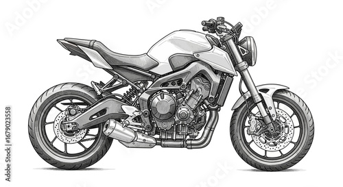 Monochrome drawing showcases a powerful, detailed motorcycle design concept