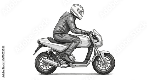 Monochrome illustration featuring a motorcyclist in action on a modern bike