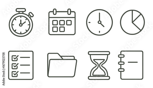 Simplistic icons set: stopwatch, calendar, clock, pie chart, checklist, folder, hourglass, notebook