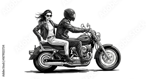 Monochrome illustration of a biker couple cruising on a chopper motorcycle