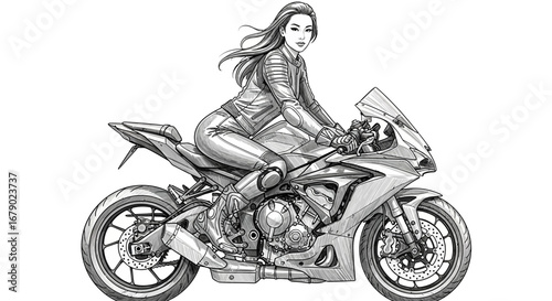 Monochrome Illustration of a Confident Woman on a Sport Motorcycle
