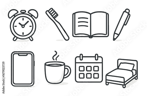 Monochrome icons of daily routine: alarm, toothbrush, book, pen, phone, coffee, calendar, bed
