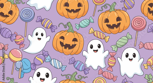 Halloween Vector Background Seamless Pattern with Pumpkins, Ghosts, and Bats