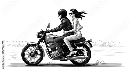 Monochrome Illustration of a Couple Riding a Classic Motorcycle Adventure