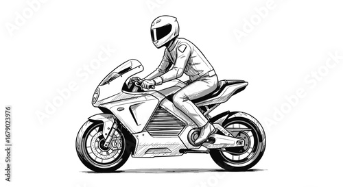 Monochrome Illustration of a Motorcyclist on a Sportbike in Bold Detail