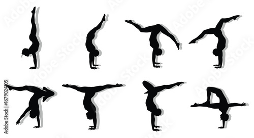 Gymnast doing various handstand poses in silhouette