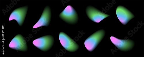 Several colorful, amorphous shapes appear to be floating. The gradient of green, blue, and pink creates a smooth, ethereal feel against the stark black background.