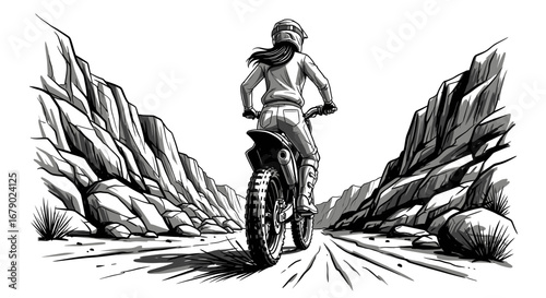 Monochrome illustration of a motorcyclist navigating through a rocky terrain