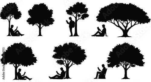 People sitting under trees in various relaxing poses outdoors