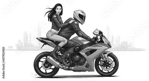 Monochrome illustration of a young couple riding a sportbike on an urban setting