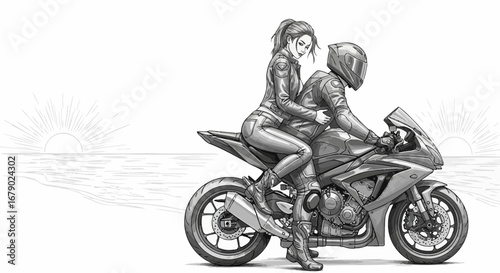 Monochrome Illustration of couple riding motorcycle at sunrise by the sea