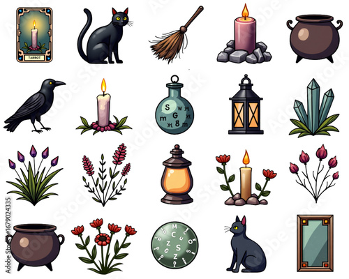 Set of mystical witch items including candles, black cat, crystals, and tarot cards