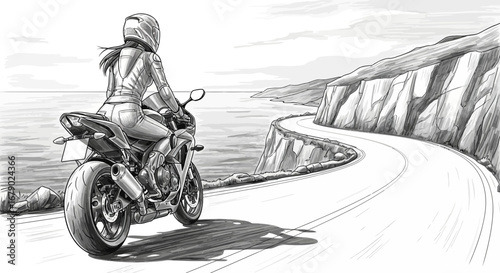 Monochrome illustration of female motorcyclist riding coastal road