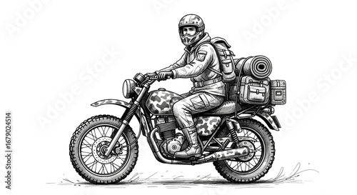 Monochrome image displaying a motorcyclist and their motorcycle adventure