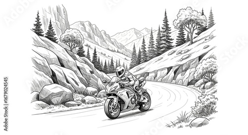 Monochrome line art illustration of motorcyclist riding winding mountain road