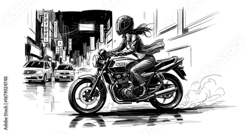 Monochrome illustration of a woman riding a motorcycle in an urban environment