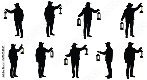 Silhouettes of men holding lanterns in various poses and directions