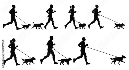 People walking dogs in various poses and silhouettes on white background