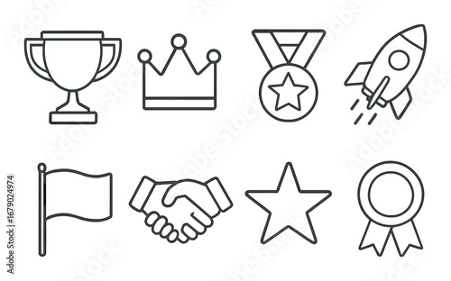 Black and white icon set featuring trophy, crown, medal, rocket, flag, handshake, star, ribbon