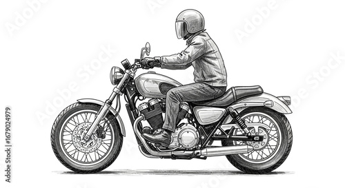 Monochrome rendering depicts a rider on a classic motorcycle with realism
