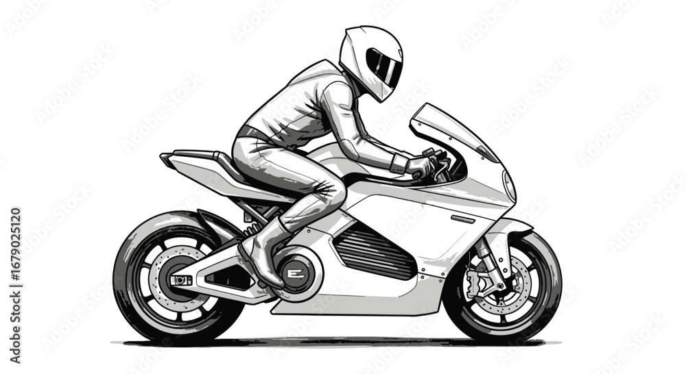 Monochrome sketch of a motorcyclist racing in high-speed sportswear and helmet Monochrome sketch of a motorcyclist racing in high-speed sportswear and helmet
