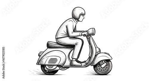 Monochrome stylized illustration of a person riding a vintage moped