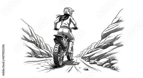Motorcycle rider on an off-road adventure through rugged mountainous terrain