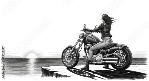 Rider overlooking the ocean on her cruiser motorcycle drawn in monochrome