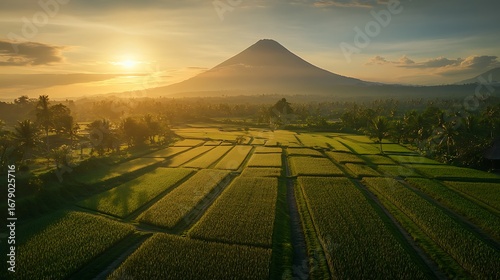 Sunrise Illuminates Rice Paddies and Majestic Volcano