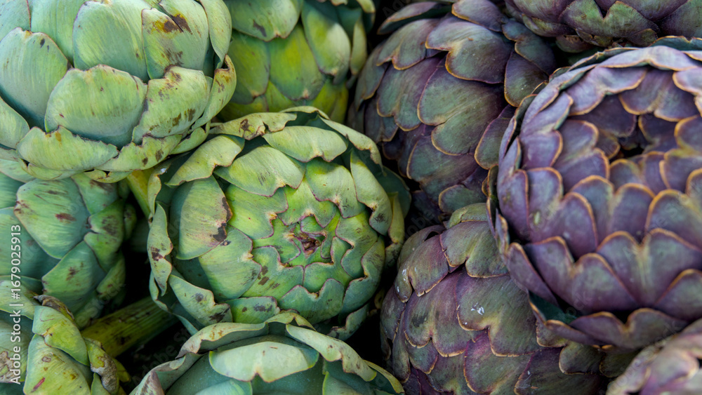 Fototapeta premium Fresh artichokes at a farmers market in the Bretagne, France