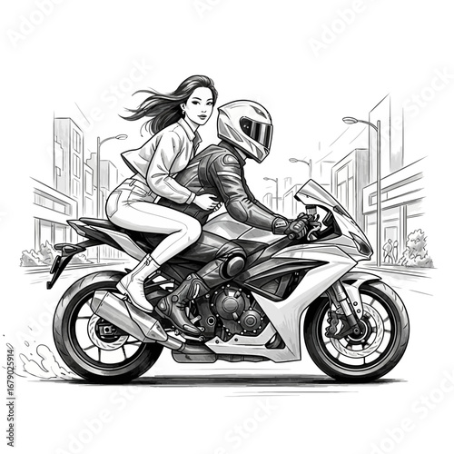 Sketch of a couple riding a motorcycle through a stylized city scenery