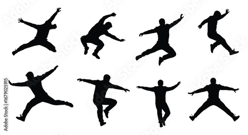 Silhouettes of people jumping in various dynamic poses and movements