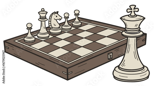 Illustration of chess game strategy with chess pieces on board for strategic thinking and play