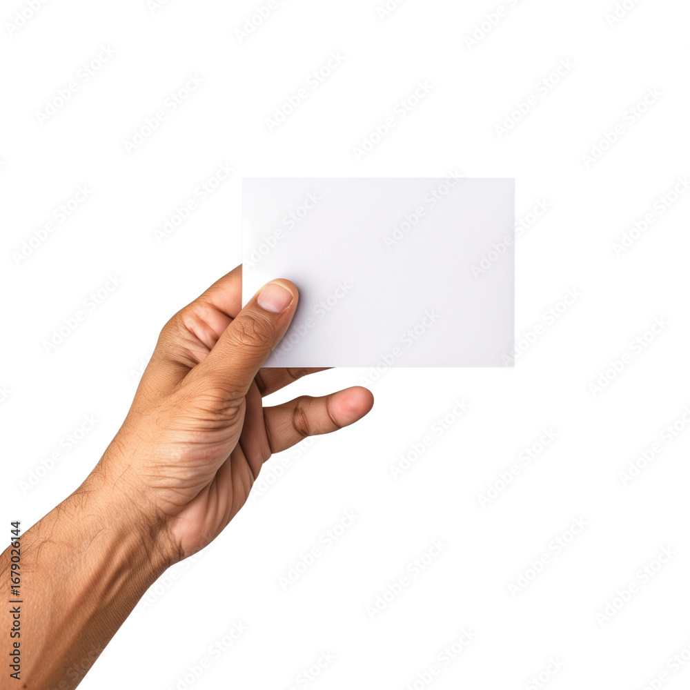 Fototapeta premium Hand holding blank white card on transparent or white background