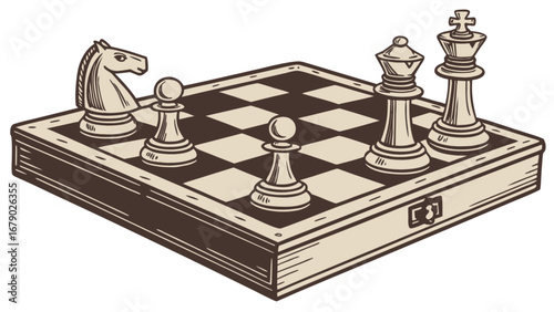 Vintage chess set illustration with pieces knight pawn queen and king on checkered board game table