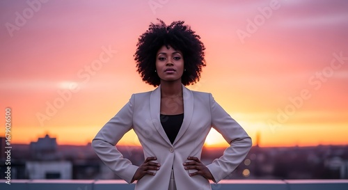 Powerful woman on rooftop at sunset