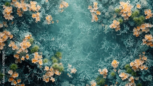 Vibrant underwater scene featuring delicate coral fomations and soft orange flwers, creating a serene an captivating marine landscpe.